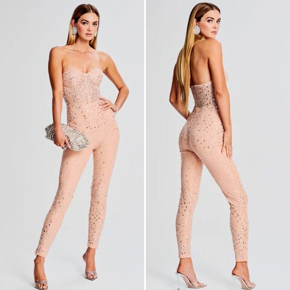 RETROFETE Vegas Crystal Embellished Jumpsuit Peach Pink Sweetheart Neck XS NEW